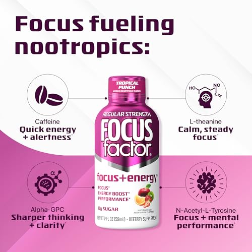 Focus Factor Focus + Energy Shots - 12 x 2oz Bottles (Tropical Punch Flavor) - Powered by Nootropics with Caffeine, L-Theanine, Ginkgo, Bacopa, L-Tyrosine, Alpha GPC Focus FactorBuy Supplements Australia
