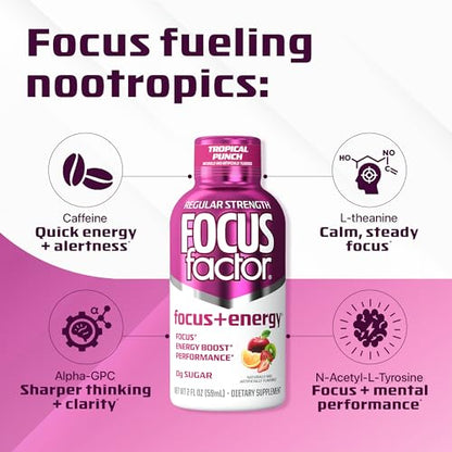 Focus Factor Focus + Energy Shots - 12 x 2oz Bottles (Tropical Punch Flavor) - Powered by Nootropics with Caffeine, L-Theanine, Ginkgo, Bacopa, L-Tyrosine, Alpha GPC Focus FactorBuy Supplements Australia