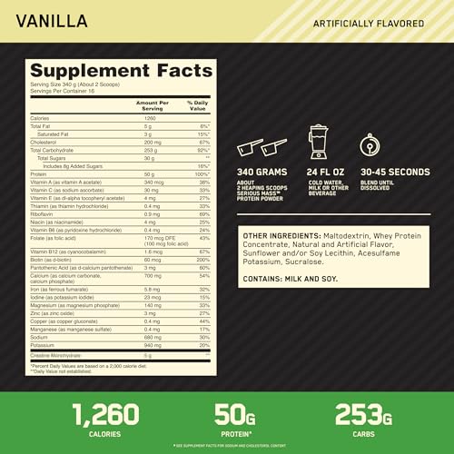 Optimum Nutrition Serious Mass Weight Gainer Protein Powder Vitamin C Zinc and Vitamin Optimum NutritionBuy Supplements Australia