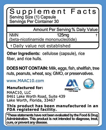 MAAC10 NMN Supplement Real Nicotinamide Mononucleotide (NMN 125mg Capsules). The Most Powerful NAD+ Precursor More Stable Than Riboside. We use 99% Pure Pharmaceutical Grade Stabilized NMN (30 Count) MAAC10Buy Supplements Australia