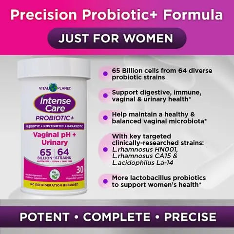 Vital Planet - Intense Care Vaginal pH & Urinary Probiotics for Women Plus Organic Prebiotics, Postbiotics, and Parabiotics, 65 Billion CFU and 64 Strains, Immune and Digestive Health 30 ct Vital PlanetBuy Supplements Australia