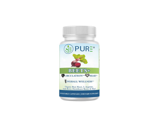 Bottle of Pure Beets+ supplement on a white background
