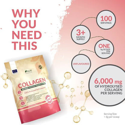Collagen Powder 600g - 100 Servings - High Grade Pure Bovine 100% - Collagen Peptides Hydrolysate Nu U NutritionBuy Supplements Australia