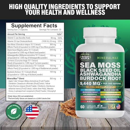 Sea Moss Capsules with Black Seed Oil, Burdock Root, Bladderwrack, Turmeric, Ashwagan Zeus NaturalsBuy Supplements Australia