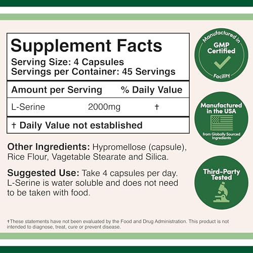 L-Serine Capsules (Third Party Tested) - 2,000mg Servings Used in Clinical Study, 180 Count, 500mg per Capsule (L Serine Amino Acid for Serotonin Production and Brain Support) by Double Wood Double Wood SupplementsBuy Supplements Australia