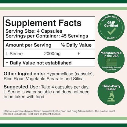L-Serine Capsules (Third Party Tested) - 2,000mg Servings Used in Clinical Study, 180 Count, 500mg per Capsule (L Serine Amino Acid for Serotonin Production and Brain Support) by Double Wood Double Wood SupplementsBuy Supplements Australia