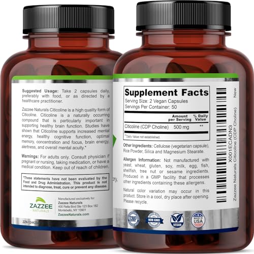 Zazzee Extra Strength Citicoline CDP Choline, 500 mg per Serving, 100 Vegan Capsules ZazzeeBuy Supplements Australia