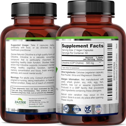 Zazzee Extra Strength Citicoline CDP Choline, 500 mg per Serving, 100 Vegan Capsules ZazzeeBuy Supplements Australia