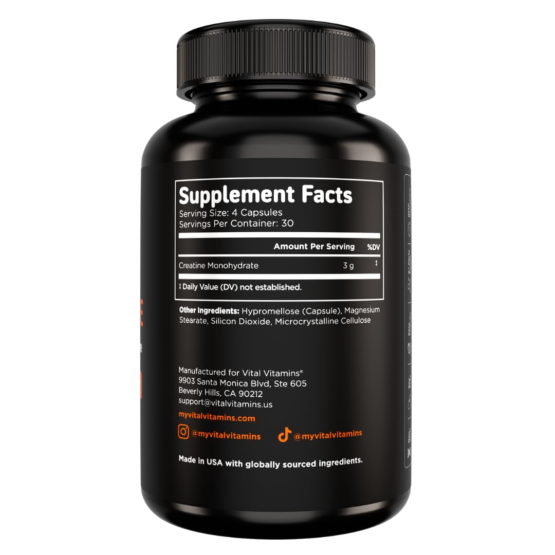 Vital Vitamins Creatine Monohydrate Pills for Women & Men - Micronized Creatine Capsules - Cognitive, Strength, Recovery Support - 3g (3000mg) per Serving - Vegan, Non-GMO, 120 Count Vital VitaminsBuy Supplements Australia
