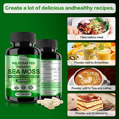 Fleamart 2 Pack Irish Sea Moss Capsules 120ct Raw Organic Sea Moss Wildcrafted Bladder FleamartBuy Supplements Australia