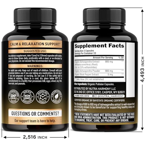 Ashwagandha Supplements 1800mg - USDA Organic Ashwagandha for Women & Men - Clinically Effective Strength for Stress Relief & Sleep - Powder & Root Extract 2.5% Withanolides - Made in USA 100 Capsules NUTRAHARMONYBuy Supplements Australia