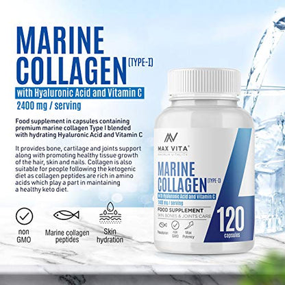 Marine Collagen Type 1 2400mg - 120 Capsules Supplement with Hyaluronic Acid and Vitamin C MAX VITA MAXIMUM VITALITYBuy Supplements Australia
