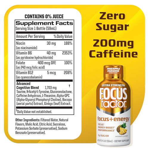 Focus Factor Extra Strength Focus + Energy Shots - 12 x 2oz Bottles (Pineapple Paradise Flavor) - Powered by Nootropics with Caffeine, L-Theanine, Ginkgo, Bacopa, L-Tyrosine, Alpha GPC Focus FactorBuy Supplements Australia