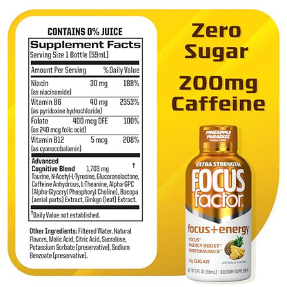 Focus Factor Extra Strength Focus + Energy Shots - 12 x 2oz Bottles (Pineapple Paradise Flavor) - Powered by Nootropics with Caffeine, L-Theanine, Ginkgo, Bacopa, L-Tyrosine, Alpha GPC Focus FactorBuy Supplements Australia