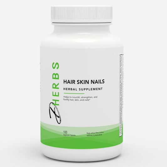 Herbal supplement bottle labeled 'Hair Skin Nails' on a white background