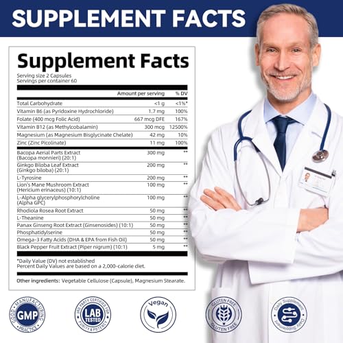 Brain Supplements for Memory and Focus | Nootropic with Bacopa Monnieri, Lion's Mane, Alpha GPC, Ginkgo Biloba | Mental Clarity & Cognitive Support | Vitamin B6 & B12 Neuro Health - Non-GMO, 120 Caps MigcopatBuy Supplements Australia