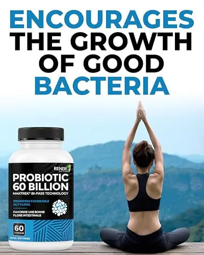 Renew Actives Probiotic Supplement for Digestive Health 60 Billion CFU per 2 Capsules - Advanced Formula with Prebiotic Benefits - Supports Gut Flora Balance & Wellness - Made in Canada - 60 Capsules Renew ActivesBuy Supplements Australia