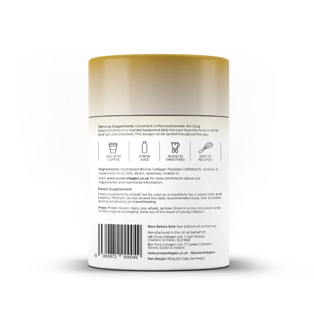 Pura Collagen Powdered Supplement Glow+, 10,000mg Hydrolysed Peptides, Hyaluronic Acid, Vitamins & Minerals, 28 Servings, 284 g Pura CollagenBuy Supplements Australia