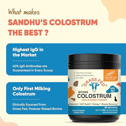 Sandhu's Pure Bovine Colostrum Powder Supplement for Humans |𝟰𝟬% 𝗜𝗴𝗚 Highly Sandhu'sBuy Supplements Australia