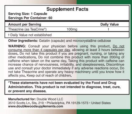 Theacrine (Teacrine) 100 Mg, 60 Capsules - Energy and Focus Supplement (Similar to Caffe Double Wood SupplementsBuy Supplements Australia