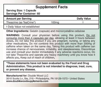 Theacrine (Teacrine) 100 Mg, 60 Capsules - Energy and Focus Supplement (Similar to Caffe Double Wood SupplementsBuy Supplements Australia