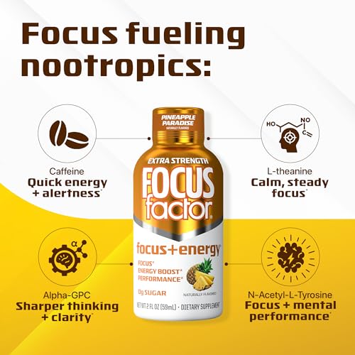 Focus Factor Extra Strength Focus + Energy Shots - 12 x 2oz Bottles (Pineapple Paradise Flavor) - Powered by Nootropics with Caffeine, L-Theanine, Ginkgo, Bacopa, L-Tyrosine, Alpha GPC Focus FactorBuy Supplements Australia