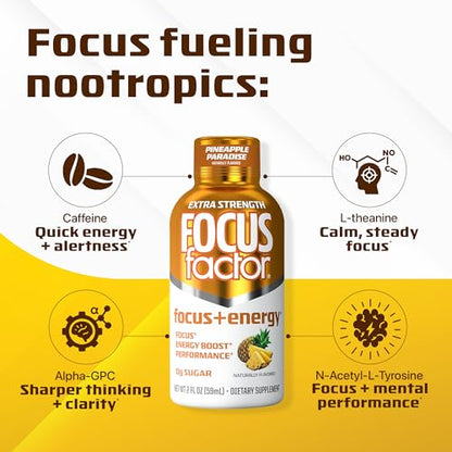 Focus Factor Extra Strength Focus + Energy Shots - 12 x 2oz Bottles (Pineapple Paradise Flavor) - Powered by Nootropics with Caffeine, L-Theanine, Ginkgo, Bacopa, L-Tyrosine, Alpha GPC Focus FactorBuy Supplements Australia