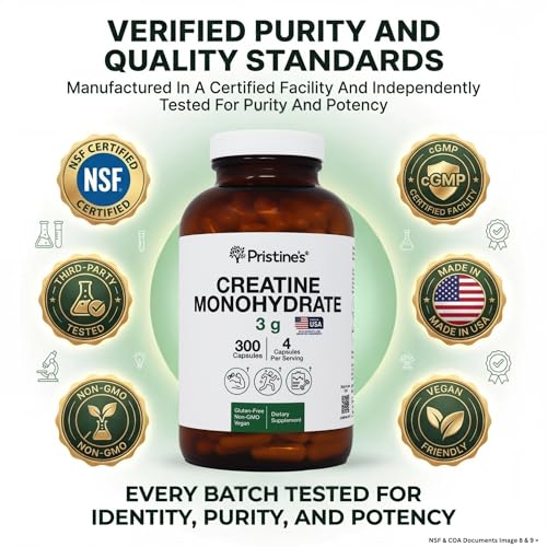 PRISTINE'S Creatine Monohydrate Capsules for Women & Men - NSF Certified 75 Day Supply 3G Muscle Growth Support Supplement - Cognitive & Athletic Performance Support - Enhanced Recovery PRISTINE'SBuy Supplements Australia