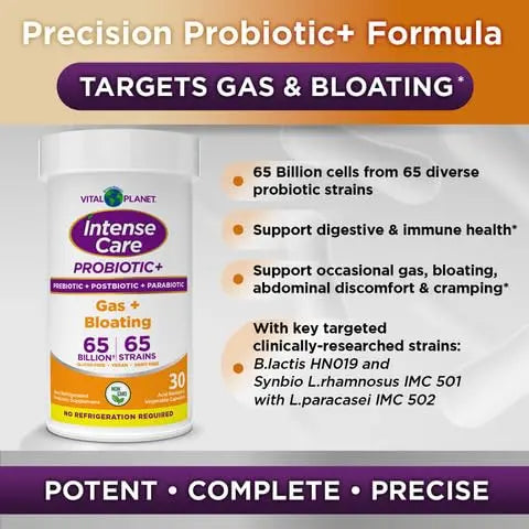 Vital Planet - Intense Care Gas & Bloating Probiotics Plus Organic Prebiotics, Postbiotics, Parabiotics, Complete 4-in-1 Supplement for Adults, 65 Billion CFU, 65 Strains, Digestive and Immune 30 ct Vital PlanetBuy Supplements Australia