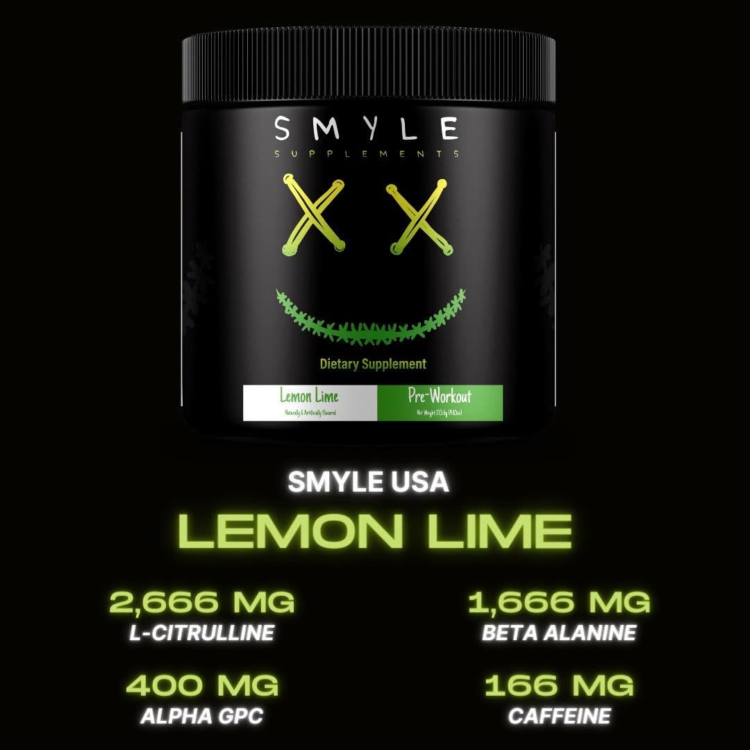 Smyle USA Pre-Workout Powder Lemon Lime - Pre Workout Energy with 400mg Alpha GPC + 167mg Caffeine and 1667mg Beta-Alanine Performance Blend | 30 Servings