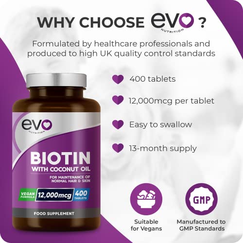 Biotin Hair Growth Supplement 12,000mcg with Coconut Oil | 400 High Strength Tablets EVO NUTRITIONBuy Supplements Australia