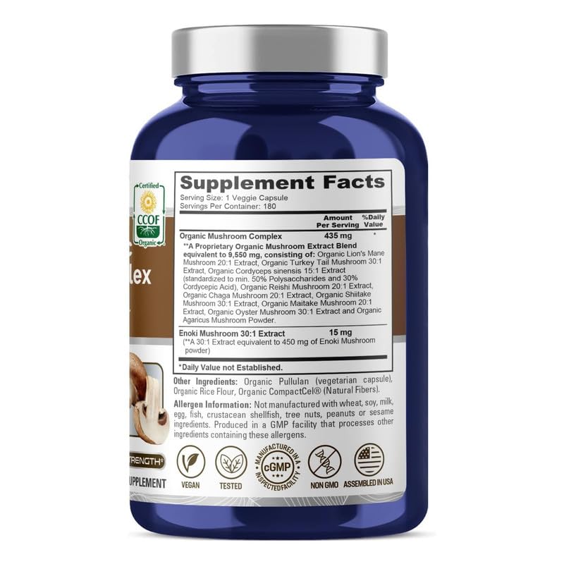 NusaPure Organic Mushroom Complex 10,000mg per Capsule, 180 Veggie Caps, Non-GMO, Enoki, Turkey Tail, Reishi, Chaga, Maitake NusaPureBuy Supplements Australia