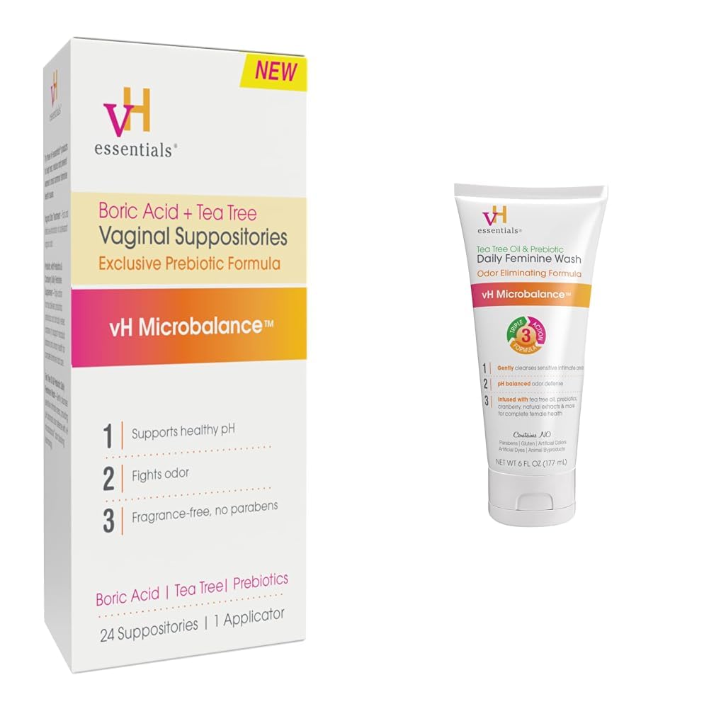 vH essentials Vaginal Health Bundle - Boric Acid + Tea Tree Suppositories (24 Count) + Tea Tree & Prebiotic Feminine Wash (6 Fl Oz) vH essentialsBuy Supplements Australia