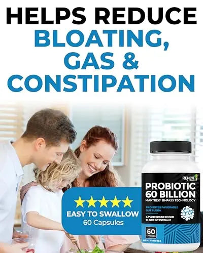 Renew Actives Probiotic Supplement for Digestive Health 60 Billion CFU per 2 Capsules - Advanced Formula with Prebiotic Benefits - Supports Gut Flora Balance & Wellness - Made in Canada - 60 Capsules Renew ActivesBuy Supplements Australia