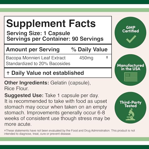 Bacopa Monnieri Capsules 20% Bacosides 450mg, 90 Count (Manufactured in USA Double Wood SupplementsBuy Supplements Australia