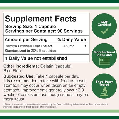 Bacopa Monnieri Capsules 20% Bacosides 450mg, 90 Count (Manufactured in USA Double Wood SupplementsBuy Supplements Australia
