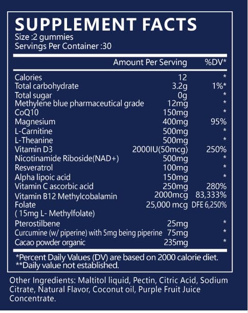 Methylene Blue Gummies 12mg Made in USA Cognitive Support w/Added Vitamin C, NAD,L Methylfolate, Methylcobalamin b12, Mitochondrial Support, Brain Health & Focus, Clarity, methylated Vitamins True reflectionzBuy Supplements Australia
