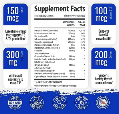 1 Body Thyroid Support Supplement with Iodine - Energy & Focus Support
