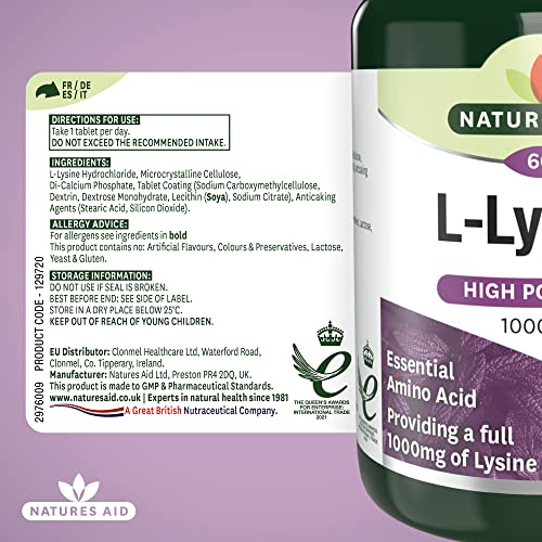 Natures Aid L-Lysine 1000 mg, High Potency Essential Amino Acid, Vegan, 60 Tablets natures aidBuy Supplements Australia