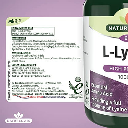 Natures Aid L-Lysine 1000 mg, High Potency Essential Amino Acid, Vegan, 60 Tablets natures aidBuy Supplements Australia