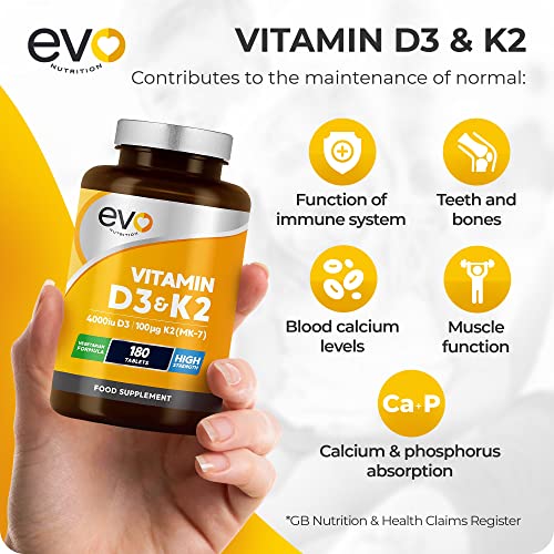 Vitamin D3 4000iu & Vitamin K2 100ug (MK7) |180 Vegetarian Tablets | 1-A-Day | 6 Month EVO NUTRITIONBuy Supplements Australia
