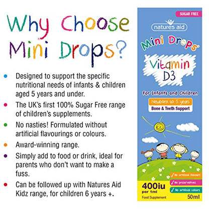 Natures Aid Vitamin D3 Mini Drops for Infants and Children, Sugar Free, 50ml natures aidBuy Supplements Australia