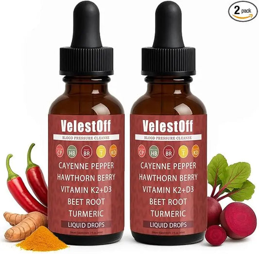 Two bottles of VelestOff liquid drops with ingredients displayed on a white background