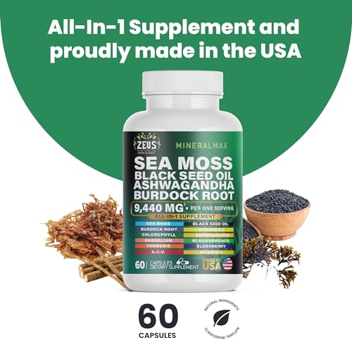 Sea Moss Capsules with Black Seed Oil, Burdock Root, Bladderwrack, Turmeric, Ashwagan Zeus NaturalsBuy Supplements Australia