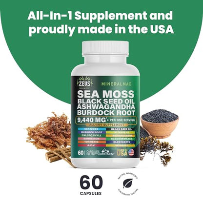 Sea Moss Capsules with Black Seed Oil, Burdock Root, Bladderwrack, Turmeric, Ashwagan Zeus NaturalsBuy Supplements Australia