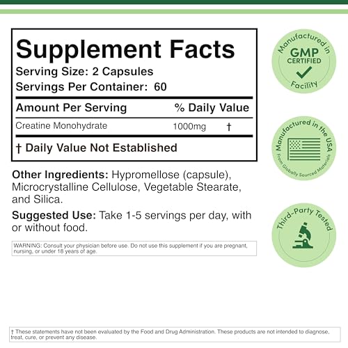 Creatine Monohydrate Capsules - 1g per Serving, 120 Count - No Fillers, Vegan Safe, Non-GMO, Gluten Free by Double Wood Double Wood SupplementsBuy Supplements Australia