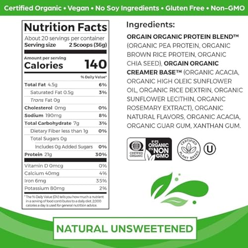 Orgain Organic Unflavored Vegan Protein Powder, Natural Unsweetened - 21g Plant Based OrgainBuy Supplements Australia