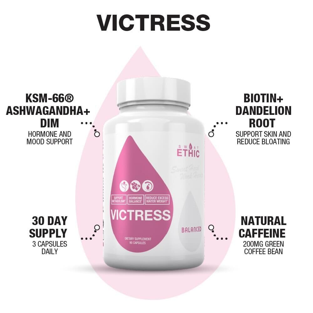 Sweat Ethic Victress, Hormone Balance Support for Women with KSM-66 Ashwagandha, DIM, Biotin, Folic Acid, Dandelion Root, Cayenne Pepper & Vitamin D3, Daily Wellness Formula, 90 Easy to Take Capsules Sweat EthicBuy Supplements Australia