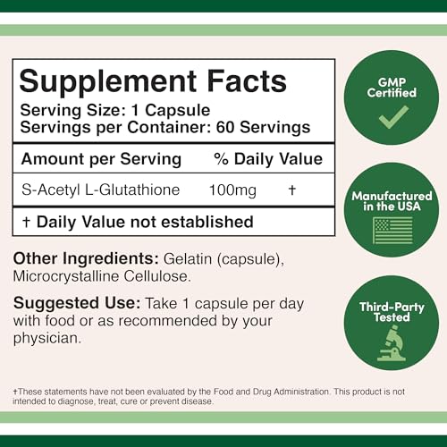 S-Acetyl L-Glutathione Capsules - 100mg, Manufactured and Tested in The USA, 60 Count Double Wood SupplementsBuy Supplements Australia
