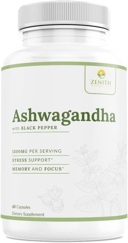 Zenith Vitality Ashwagandha 1300mg Capsules – Stress Relief & Cortisol Support, Immune & Energy Boost, Mental Clarity, Herbal Adaptogen Supplement – 60 Count Zenith VitalityBuy Supplements Australia